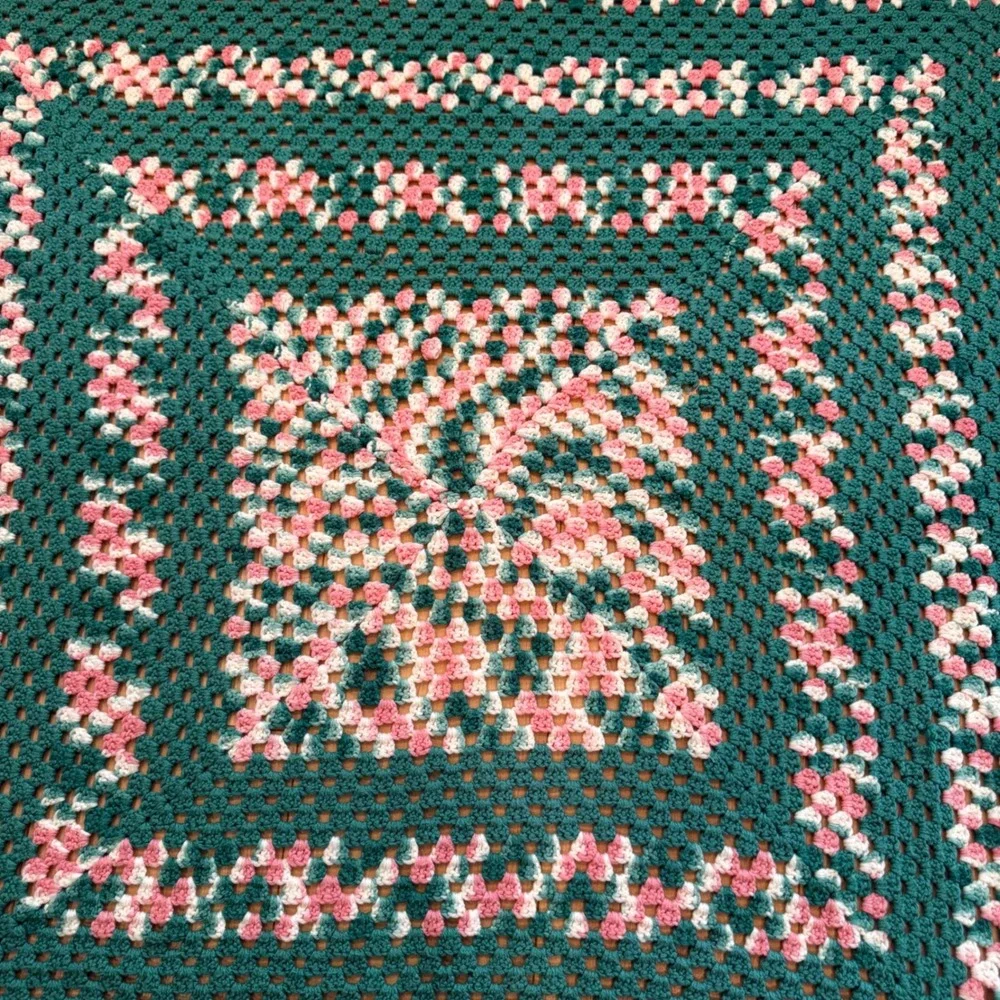 Handmade Teal Green Pink White Granny Square Crochet Afghan‎ Blanket Throw Cozy